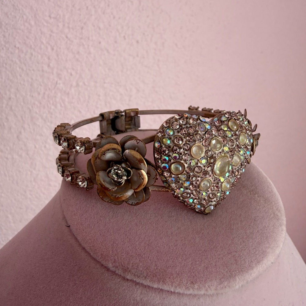 Rhinestone Heart Floral Bracelet - Pink and Silver - Picture 6 of 7